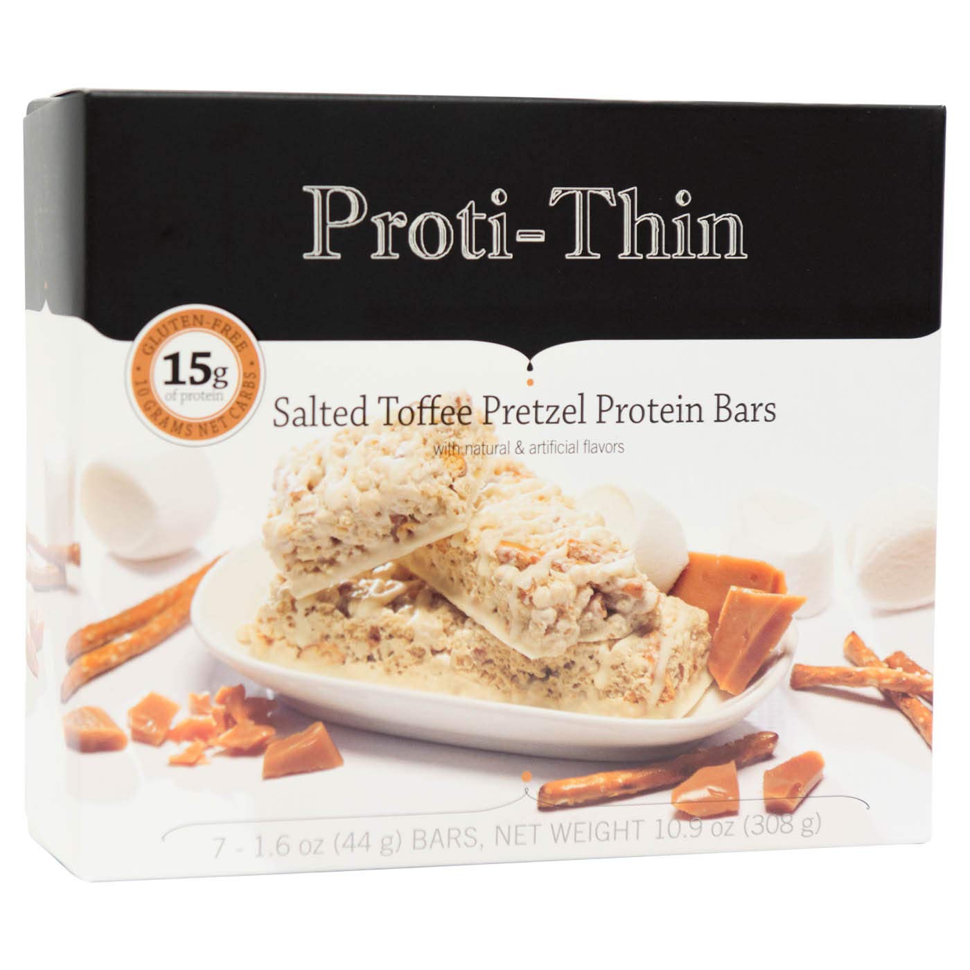 Proti-Thin - Salted Toffee Pretzel Protein Bar - 15g Protein - Low-Carb Diet Bar - High Fiber Snack Bar - Gluten Free (7/Box) by Proti-Thin