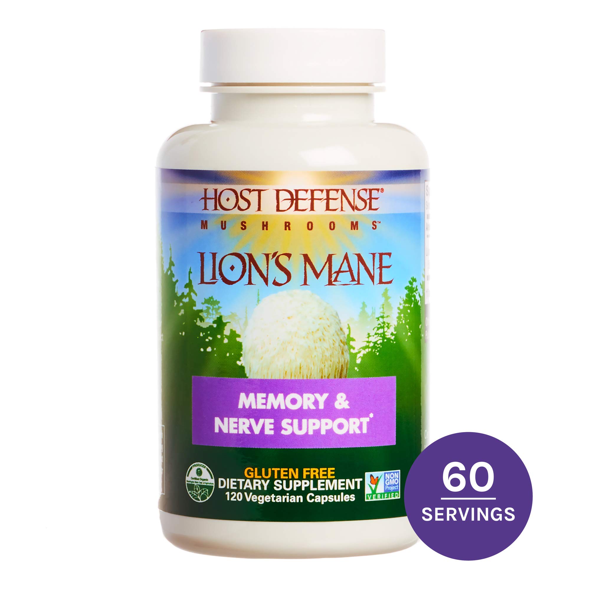 Host Defense, Lion's Mane Capsules, Promotes Mental Clarity, Focus and Memory, Daily Mushroom Supplement, Vegan, Organic, Gluten Free, 120 Capsules (60 Servings) by Host Defense