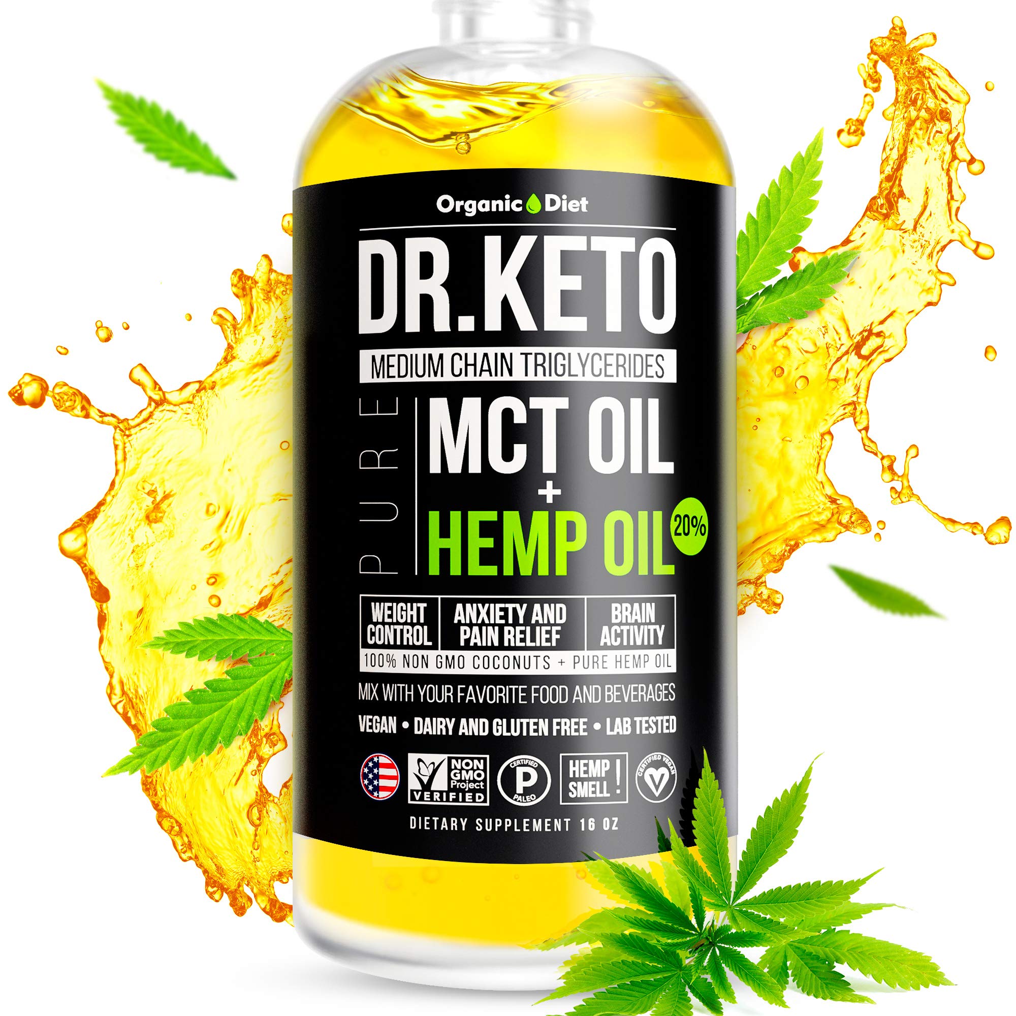 Keto MCT Oil With Hemp Extract. Diet Stress and Anxiety Relief by Triple Filtered and Cold Pressed C8 and C10 MCT Coconut Oil. Paleo and Vegan Friendly. Made in USA. by Organic Diet