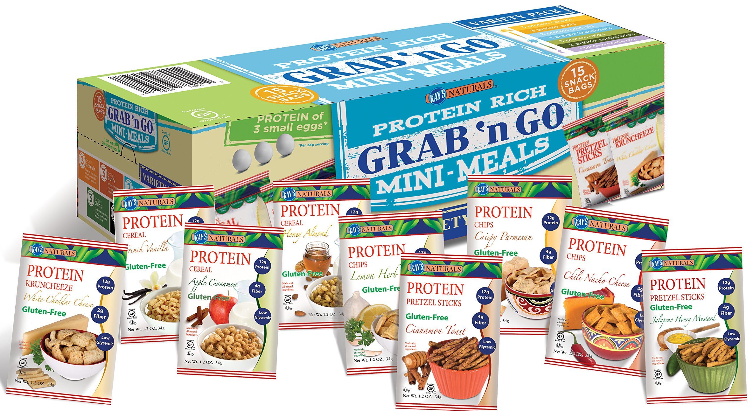 Kay's Naturals Protein Grab n' Go Mini Meals, Variety Pack, Gluten-Free, Low Carbs, Low Fat, Diabetes Friendly All Natural Flavorings, (Pack of 15) by Greaton,